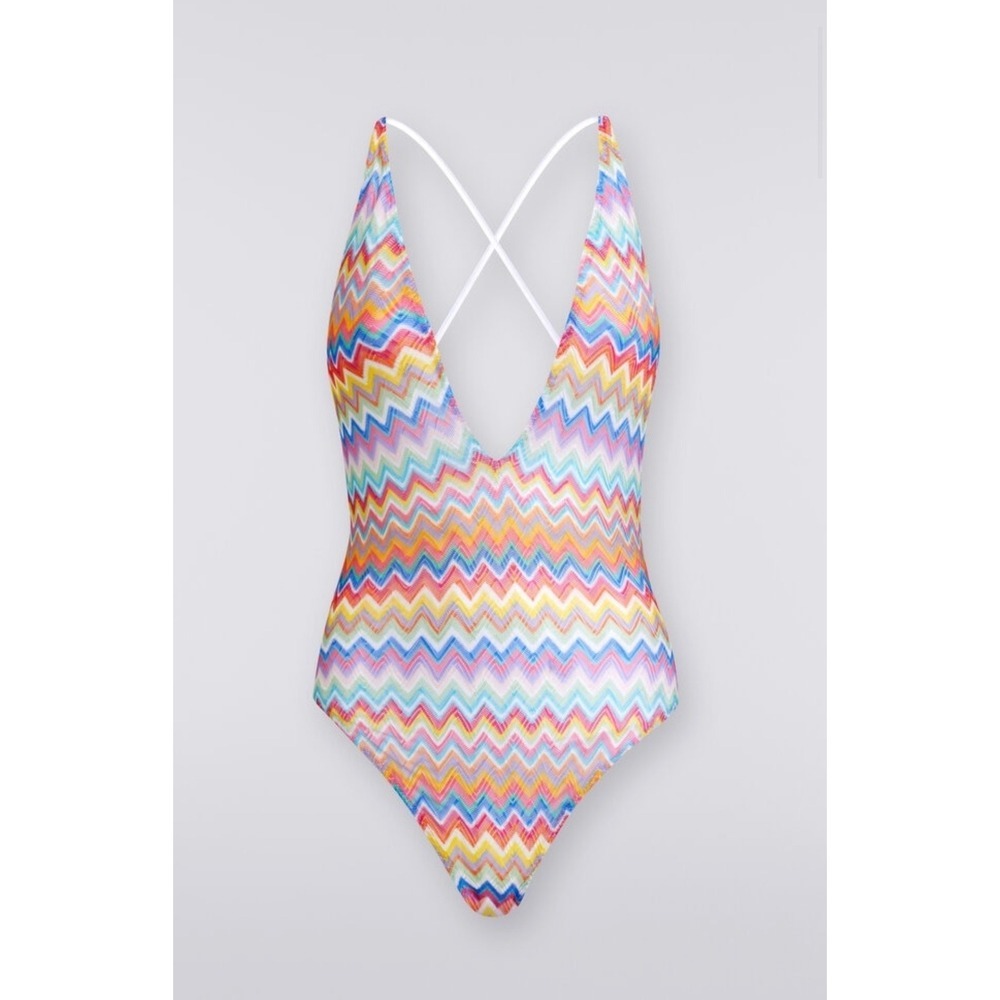 Missoni Mare Women Multicolor Zigzag Knit Deep V-Neck One-Piece Swimsuit NEW - Picture 5 of 6